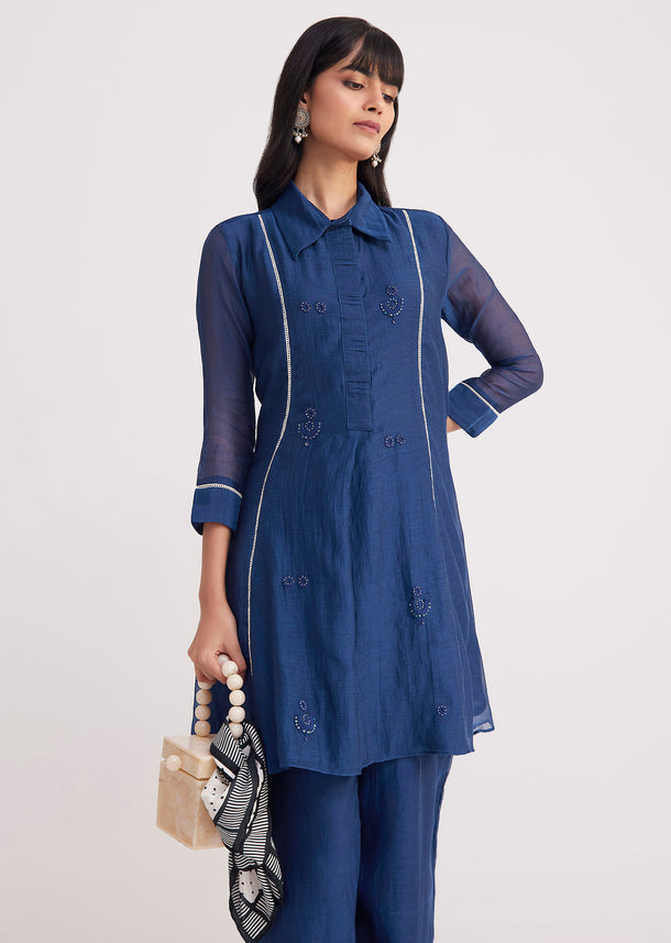 Blue Threadwork Kurta Pant Set