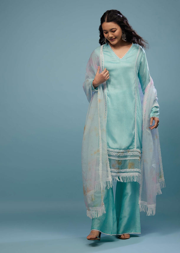 Powder Blue Palazzo Suit Set In Viscose Silk