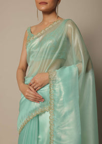 Blue Tissue Silk Saree With Cutdana Work And Unstitched Blouse Piece