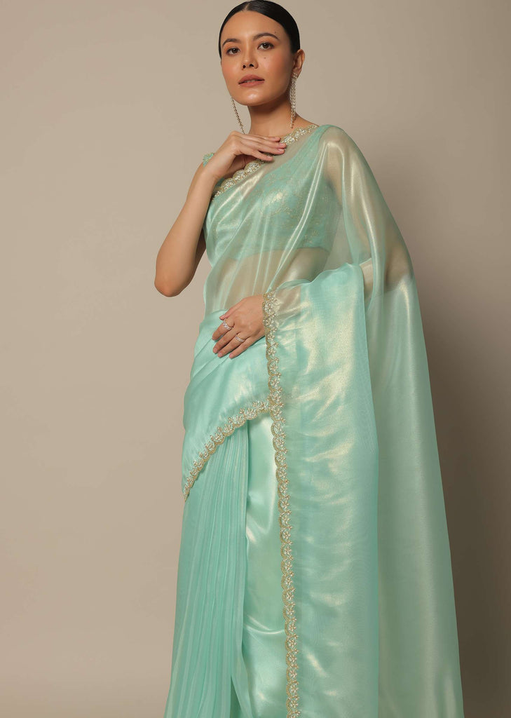 Blue Tissue Silk Saree With Cutdana Work And Unstitched Blouse Piece