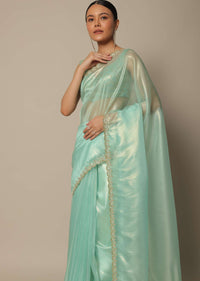 Blue Tissue Silk Saree With Cutdana Work And Unstitched Blouse Piece