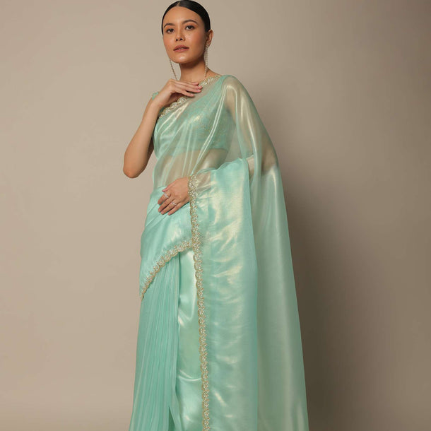 Blue Tissue Silk Saree With Cutdana Work And Unstitched Blouse Piece