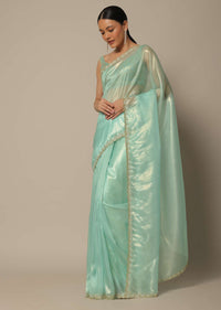 Blue Tissue Silk Saree With Cutdana Work And Unstitched Blouse Piece