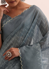 Blue Tissue Silk Saree With Stone Embroidery And Unstitched Blouse