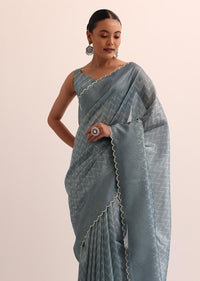 Blue Tissue Silk Saree With Stone Embroidery And Unstitched Blouse