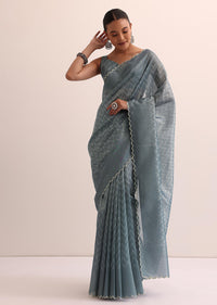 Blue Tissue Silk Saree With Stone Embroidery And Unstitched Blouse