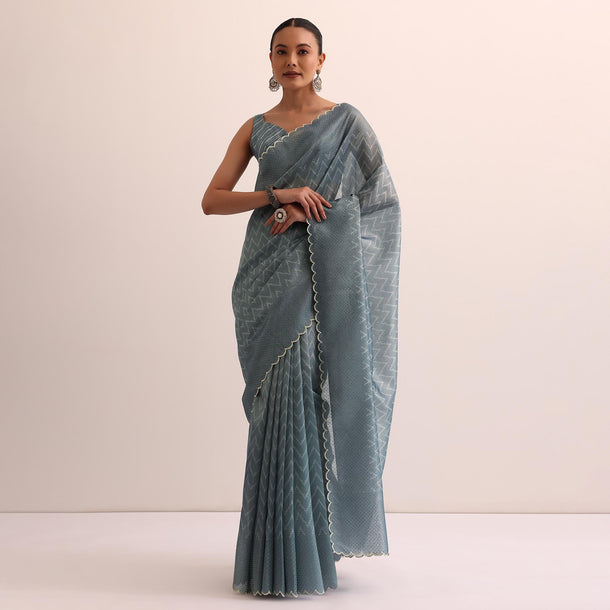 Blue Tissue Silk Saree With Stone Embroidery And Unstitched Blouse
