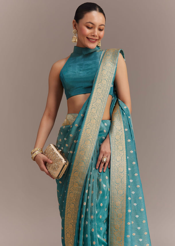 Blue Tissue Silk Saree With Zari Border Butti And Pallu