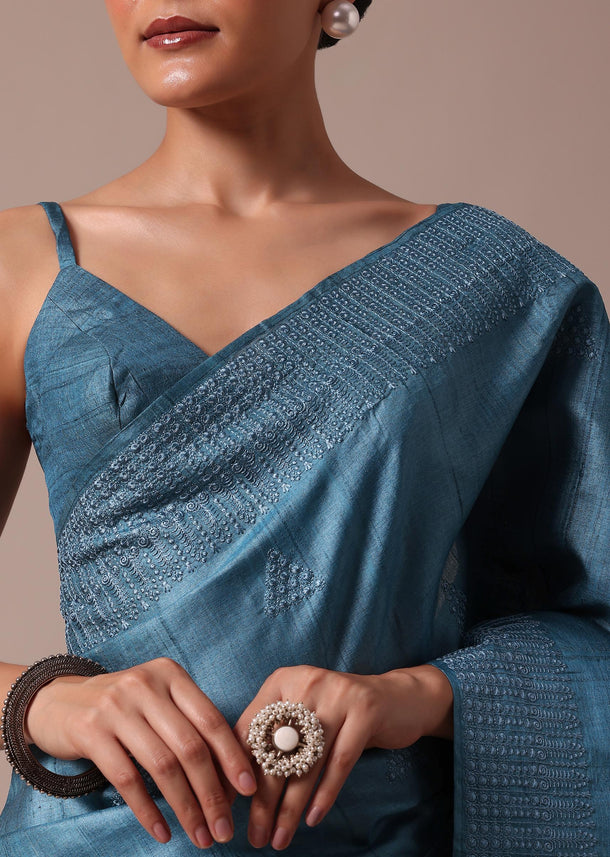 Blue Tussar Saree With Unstitched Blouse