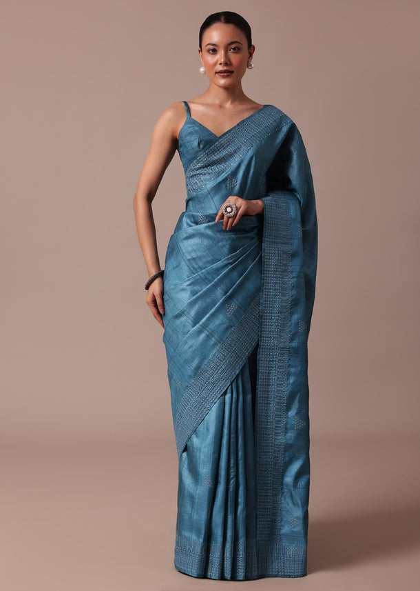 Blue Tussar Saree With Unstitched Blouse