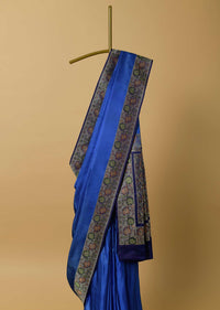 Blue Valkalam Banarasi Satin Crepe Saree With Unstitched Blouse Piece