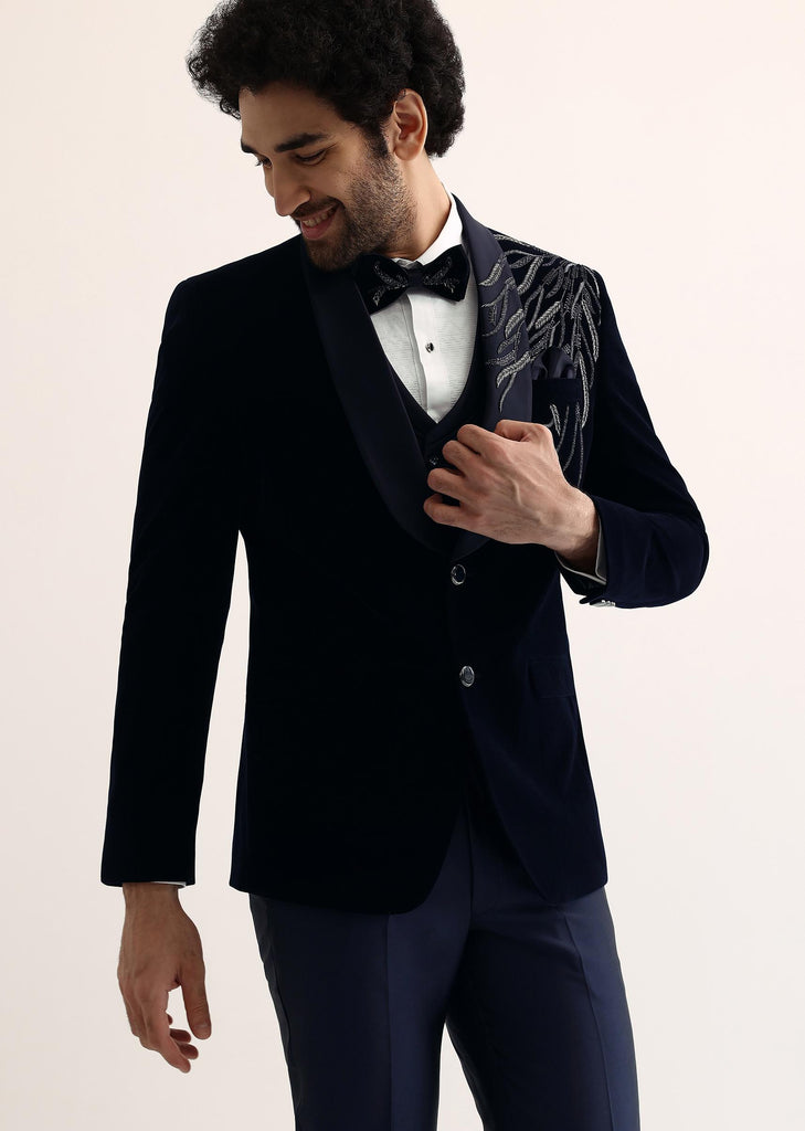 Blue Velvet Cut Dana Embroidered Tuxedo