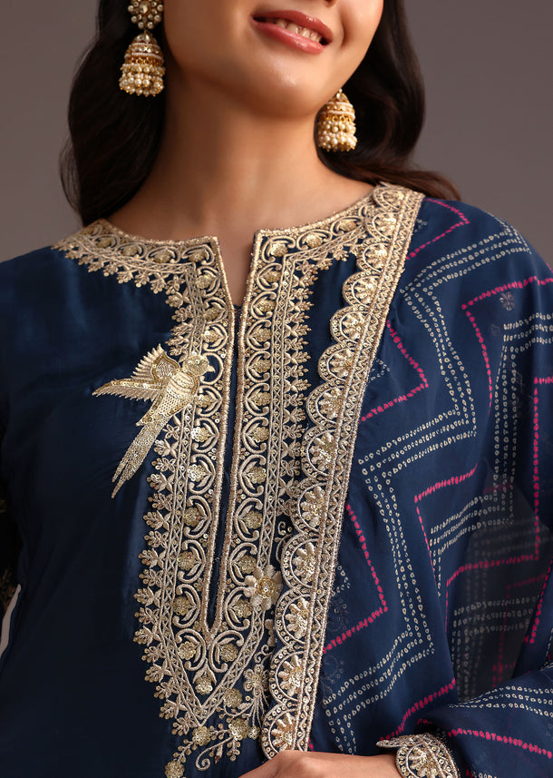 Blue Zari Work Palazzo Suit With Organza Dupatta