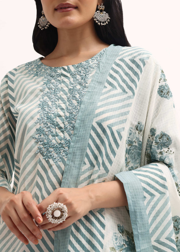 Blue Zig Zag Printed Cotton Kurta Set With Dupatta