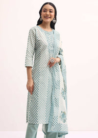 Blue Zig Zag Printed Cotton Kurta Set With Dupatta