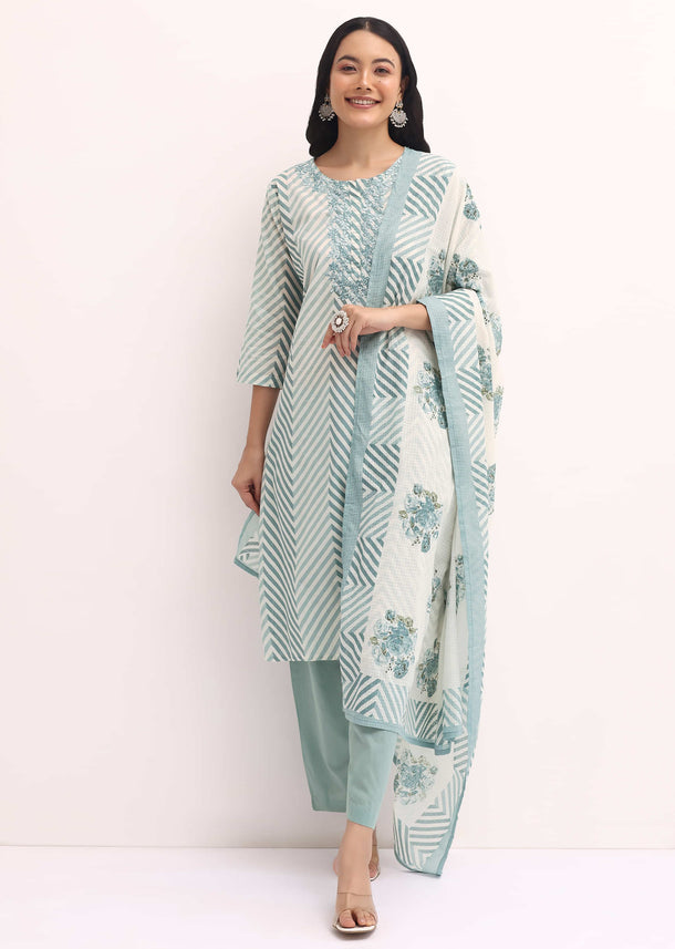 Blue Zig Zag Printed Cotton Kurta Set With Dupatta