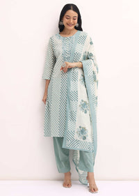 Blue Zig Zag Printed Cotton Kurta Set With Dupatta