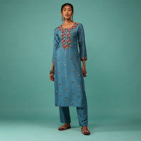 Sea Blue Kurta Set In Dola Silk With Kashmiri Thread Embroidery & 3D Floral Work
