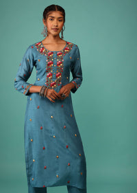 Sea Blue Kurta Set In Dola Silk With Kashmiri Thread Embroidery & 3D Floral Work