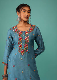 Sea Blue Kurta Set In Dola Silk With Kashmiri Thread Embroidery & 3D Floral Work