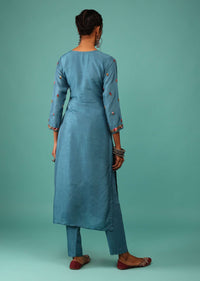 Sea Blue Kurta Set In Dola Silk With Kashmiri Thread Embroidery & 3D Floral Work