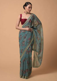 Bluish Grey Saree In Organza With Floral Print And Moti Accents Online - Kalki Fashion