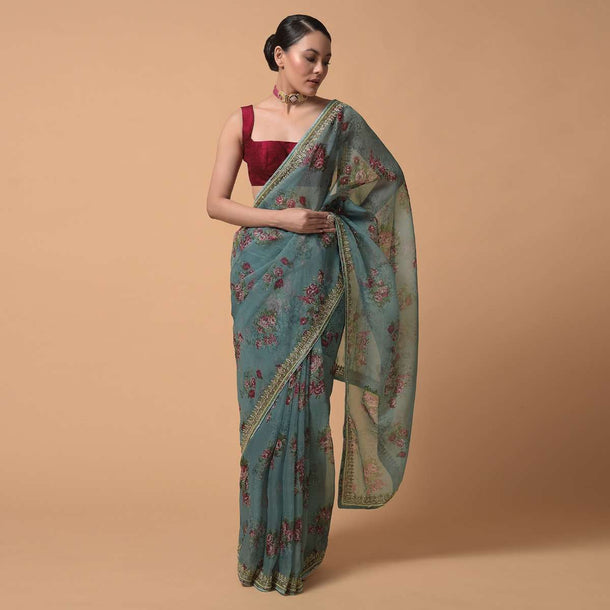 Bluish Grey Saree In Organza With Floral Print And Moti Accents Online - Kalki Fashion