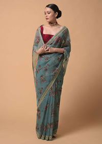 Bluish Grey Saree In Organza With Floral Print And Moti Accents Online - Kalki Fashion