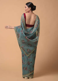 Bluish Grey Saree In Organza With Floral Print And Moti Accents Online - Kalki Fashion