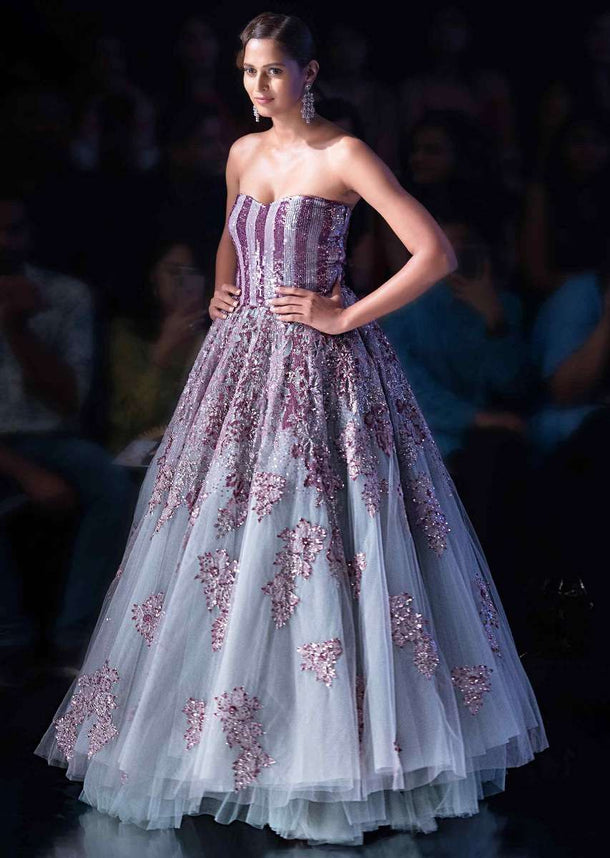 Sukhmani Sadana in Kalki Bluish Grey Strapless Corset Style Gown With Embroidered Mauve Patch Work