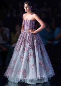 Sukhmani Sadana in Kalki Bluish Grey Strapless Corset Style Gown With Embroidered Mauve Patch Work