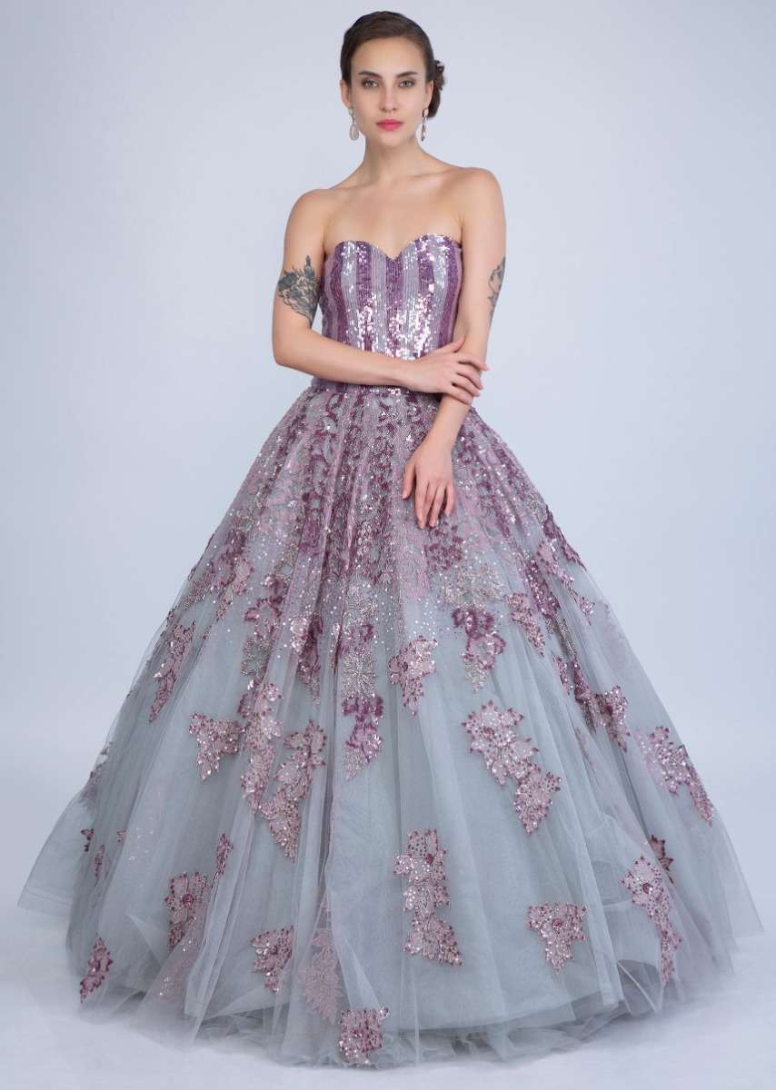 Sukhmani Sadana in Kalki Bluish Grey Strapless Corset Style Gown With Embroidered Mauve Patch Work