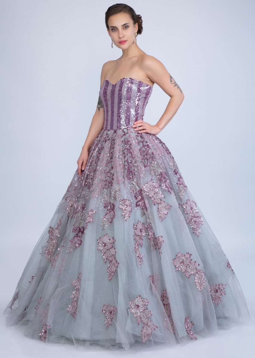 Sukhmani Sadana in Kalki Bluish Grey Strapless Corset Style Gown With Embroidered Mauve Patch Work