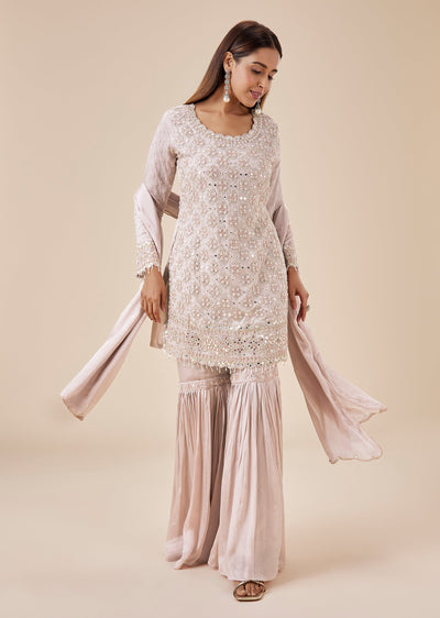 Blush Pink Chinon Mirror Embroidered Sharara Suit Set