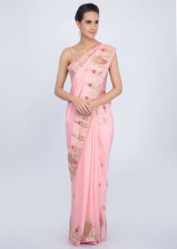 Blush pink crepe chiffon saree with floral embroidered butti and border only on Kalki