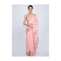 Blush pink crepe chiffon saree with floral embroidered butti and border only on Kalki