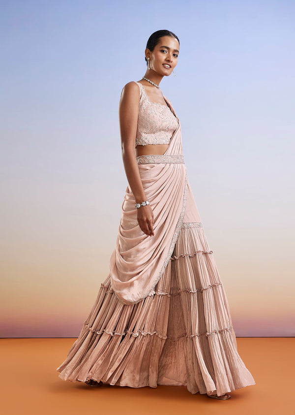 Blush Pink Draped Sharara Style Crop Top Set With Belt