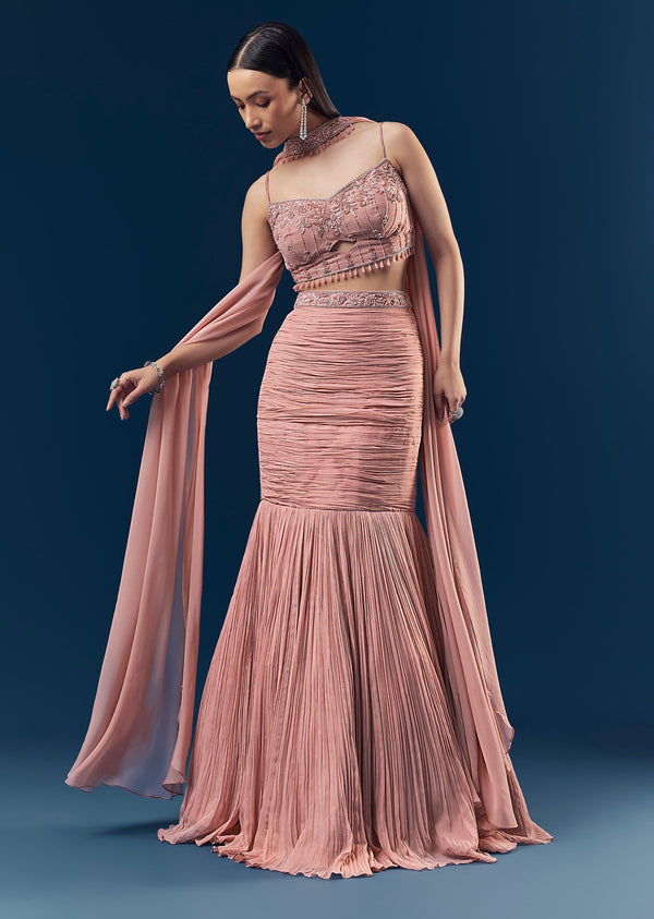 Blush Pink Georgette Fish Cut Lehenga With Embroidered Sleeveless Blouse And Choker Dupatta