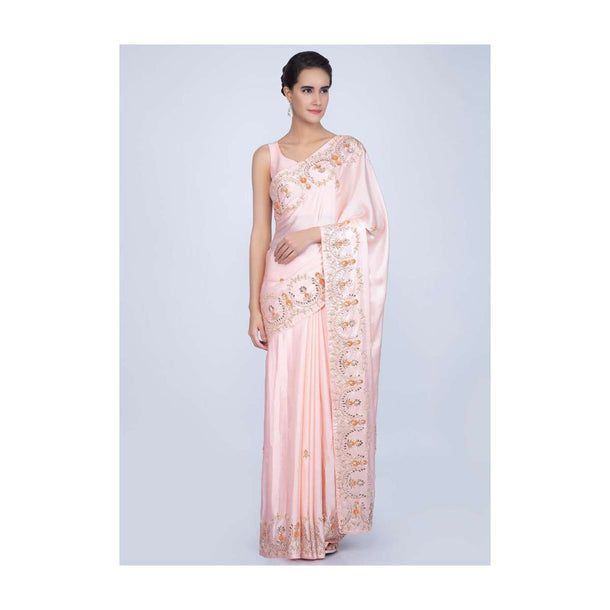 Blush pink satin saree with embroidered butti and border only on Kalki