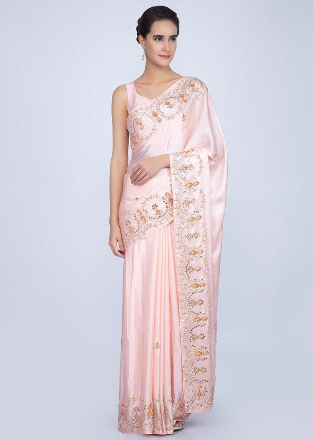 Blush pink satin saree with embroidered butti and border only on Kalki