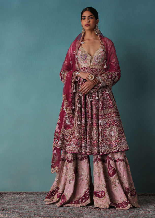 Blush And Cornflower Pink Heavy Bridal Sharara Set With Hand Embroidery