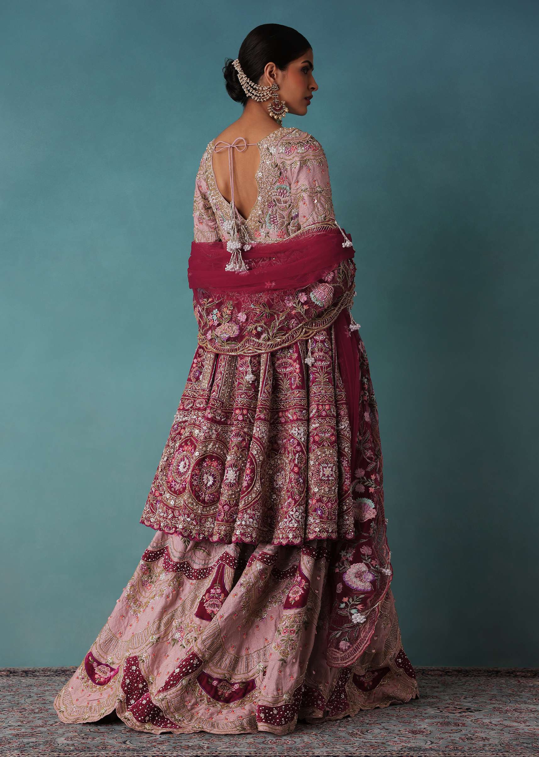 Blush And Cornflower Pink Heavy Bridal Sharara Set With Hand Embroidery