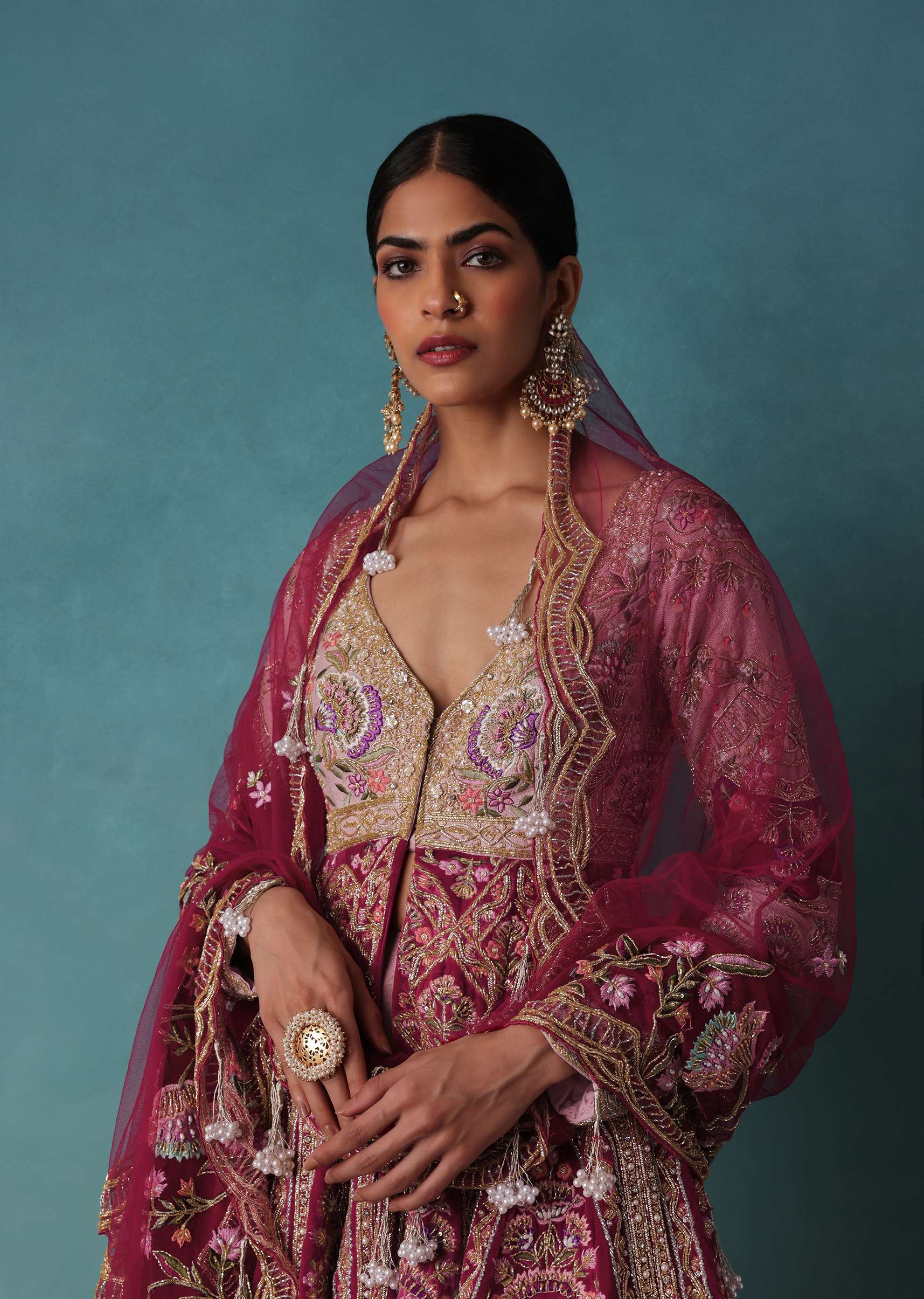 Blush And Cornflower Pink Heavy Bridal Sharara Set With Hand Embroidery