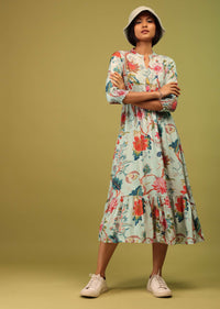 Powder Blue Tiered Dress In Cotton Silk With Multicolor Floral Jaal Print Online - RE By Kalki