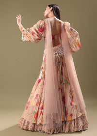 Blush Peach Floral Embroidered Blouse With Skirt And Cape