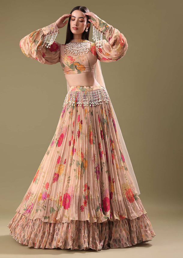 Blush Peach Floral Embroidered Blouse With Skirt And Cape