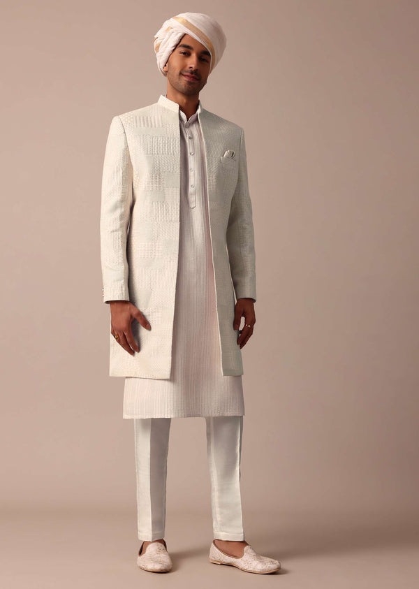 Blush Peach Silk Sherwani Set With Intricate Embroidery