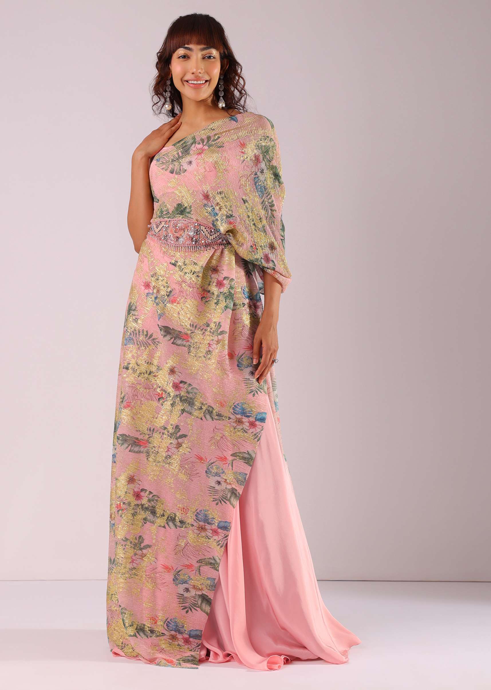 Blush Pink Sharara Pant And Top Set With Multicolor Printed Foil Drape And Embroidered Belt