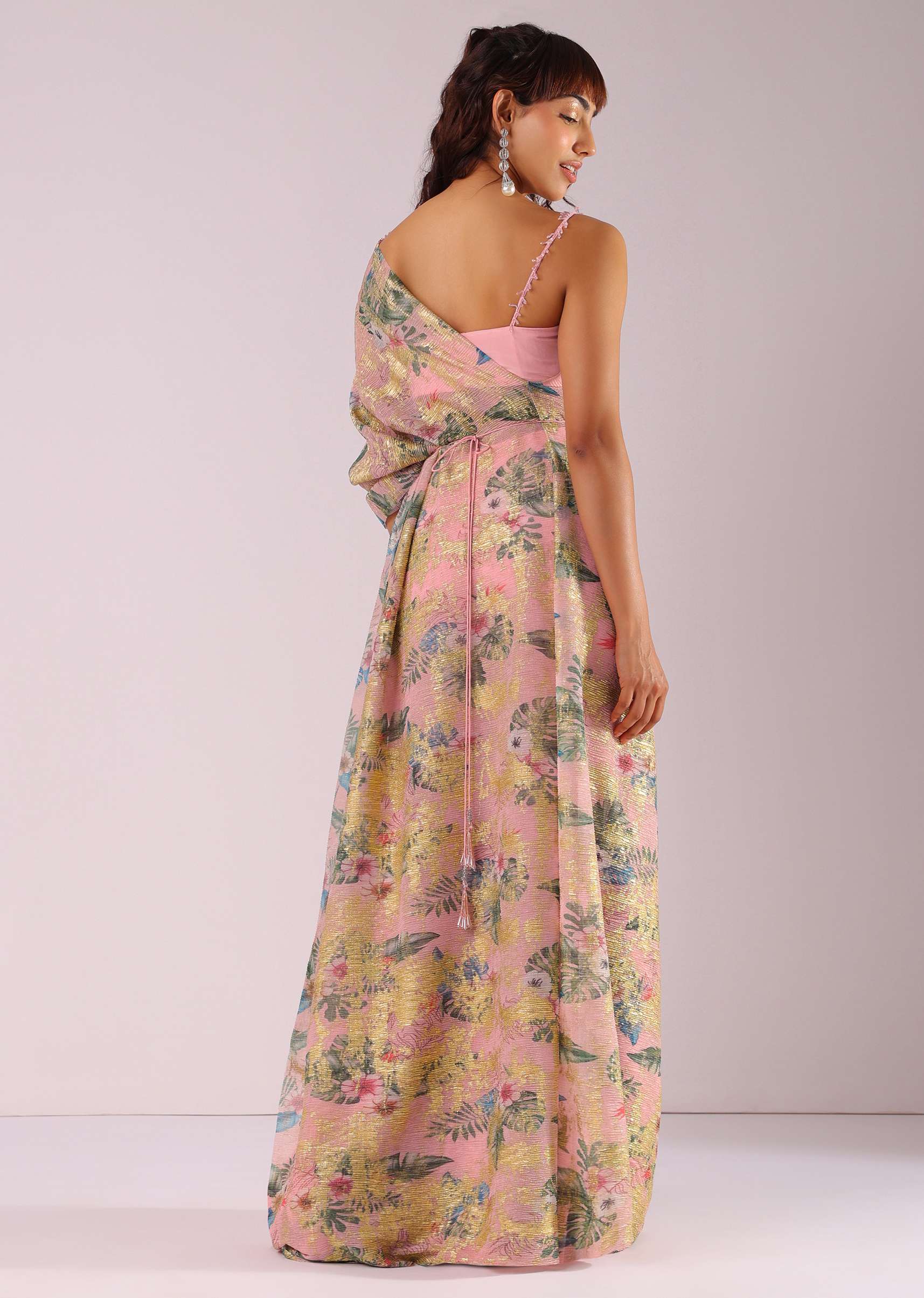 Blush Pink Sharara Pant And Top Set With Multicolor Printed Foil Drape And Embroidered Belt