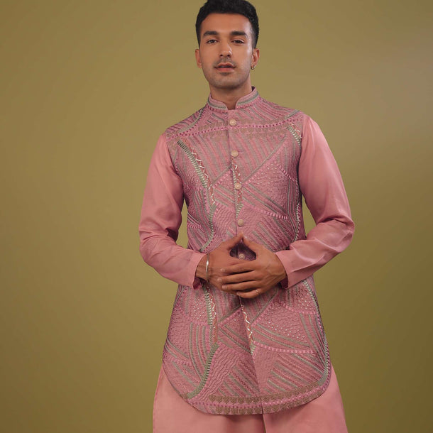 Onion Pink Art Silk Thread Embroidered Bandi Jacket Set